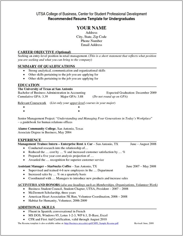 General Resume Summary For Undergrad Student