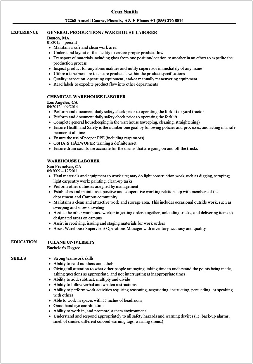 General Worker Job Description For Resume