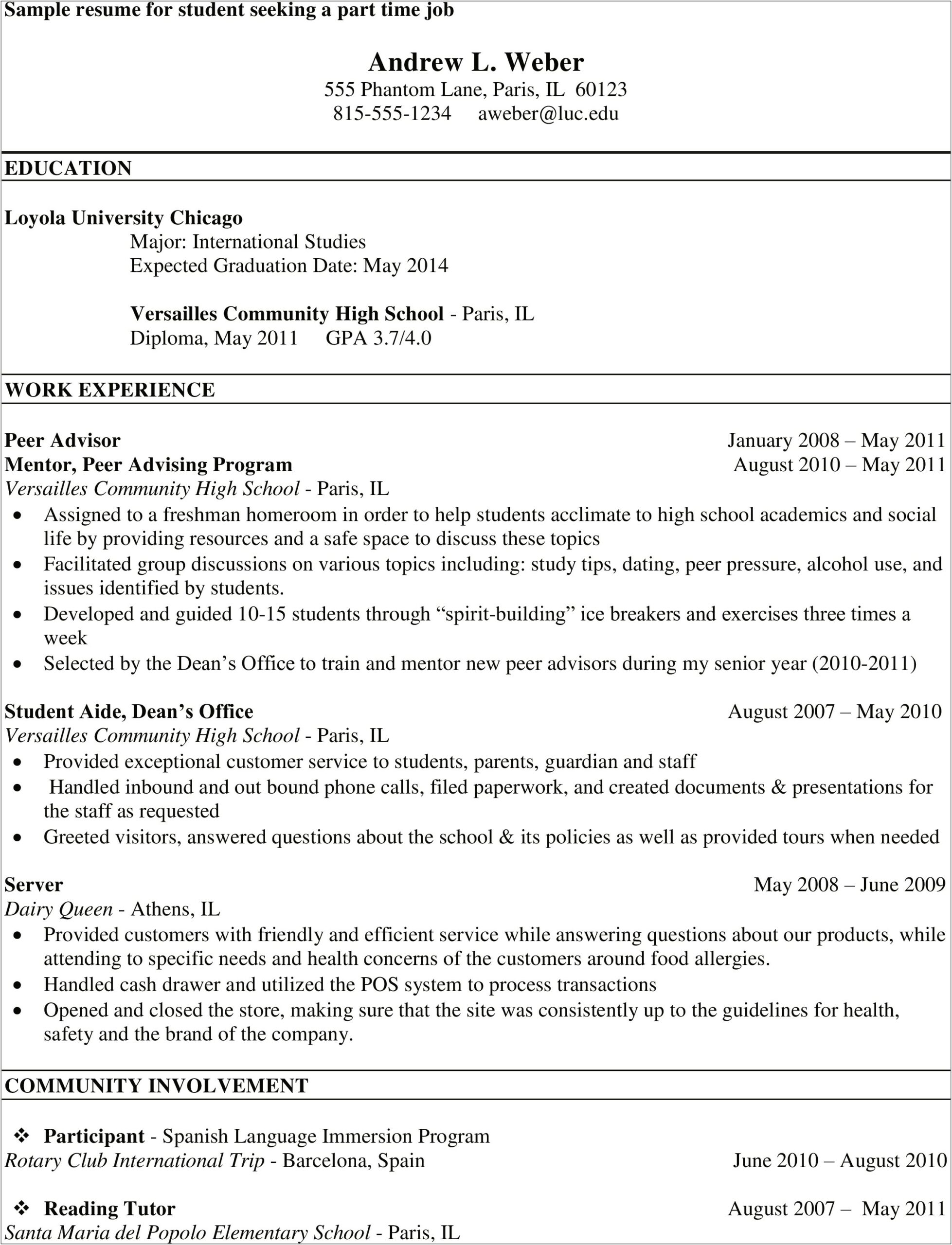 Generic Resume Objective Part Time Job College Student
