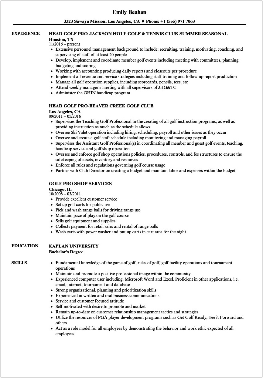 Golf Course Maintenance Job Description For Resume