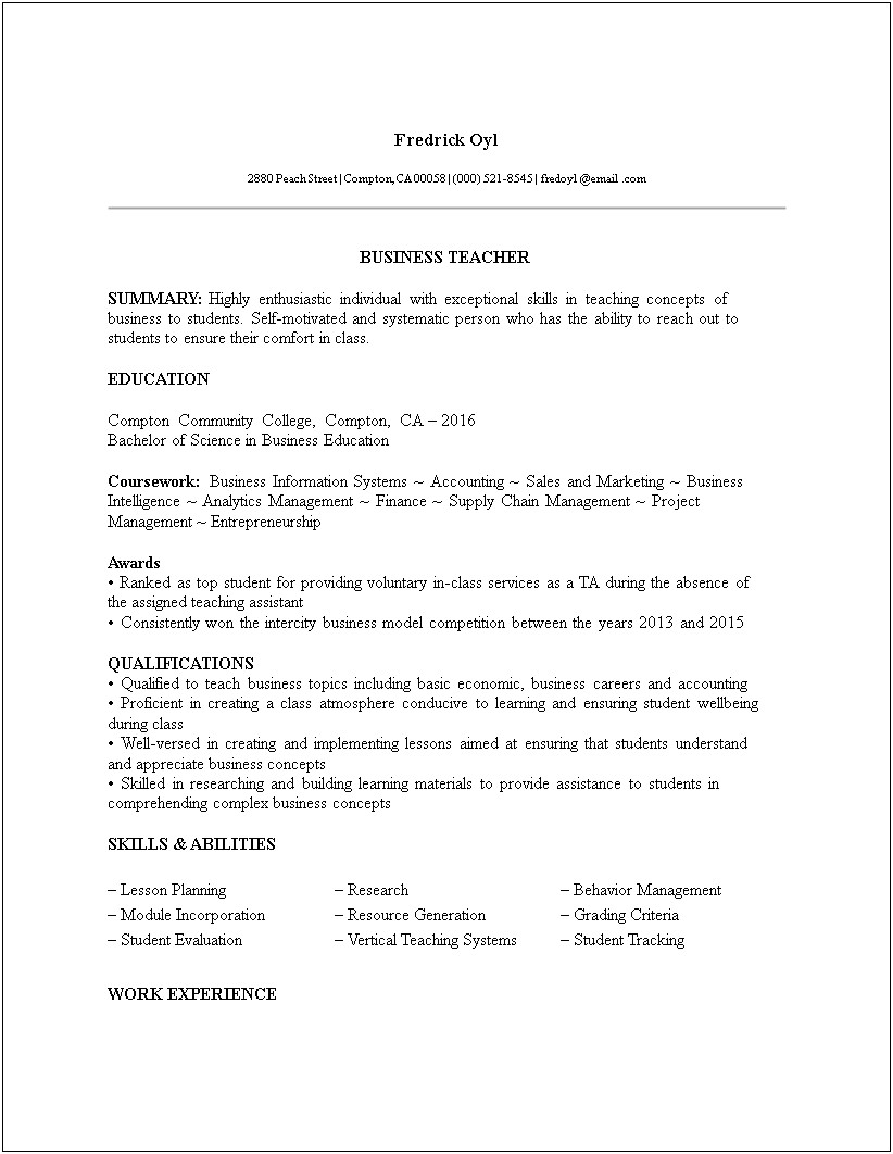 Good Business Resume For Minimal Experience