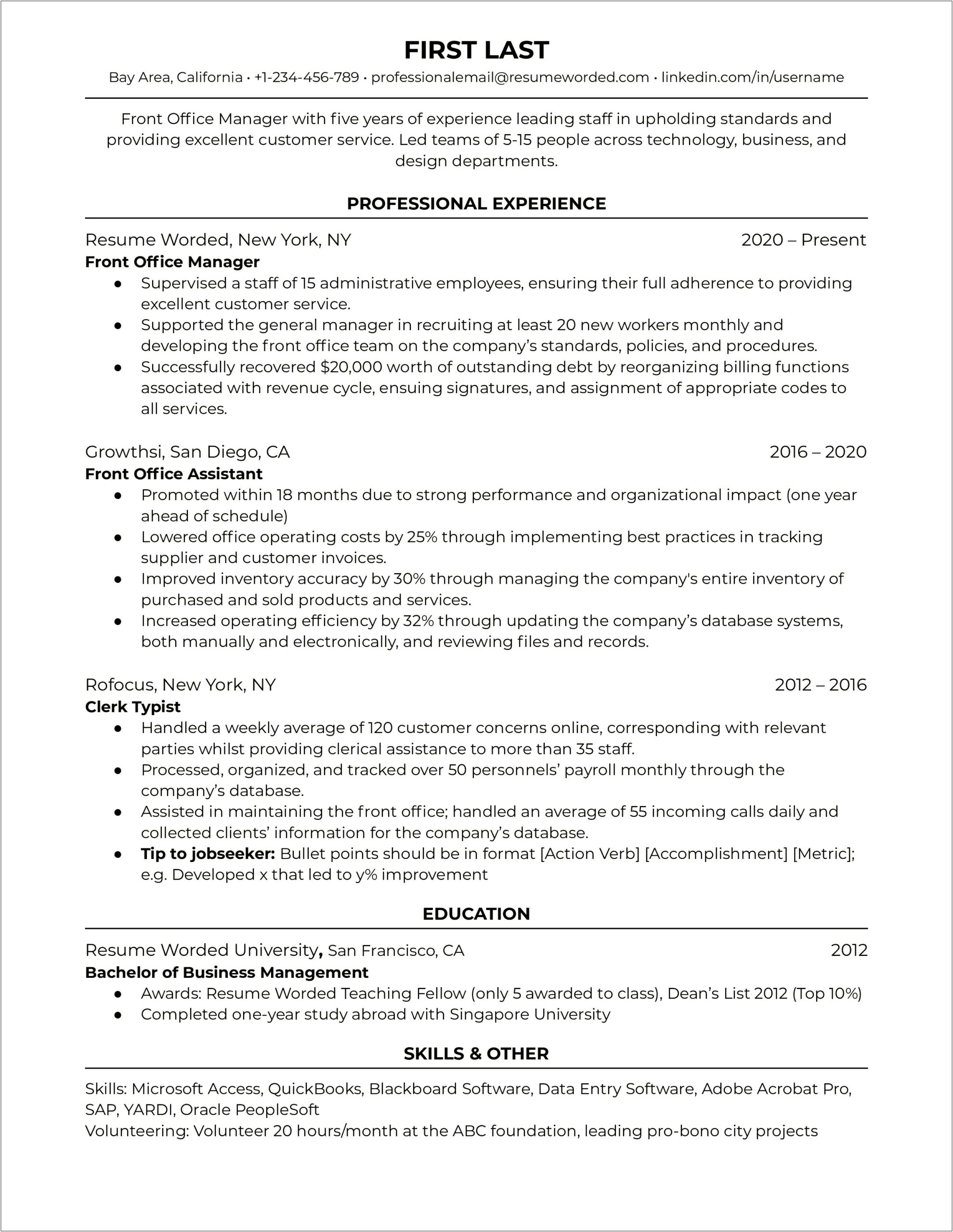 Good Employee Resume On Front Office Sample