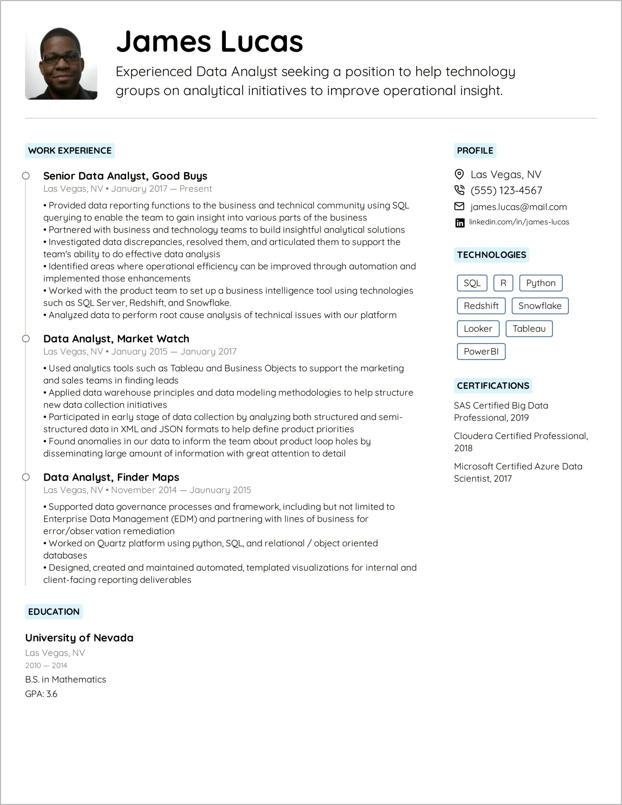 Good Layouts For Data Analyst Resume