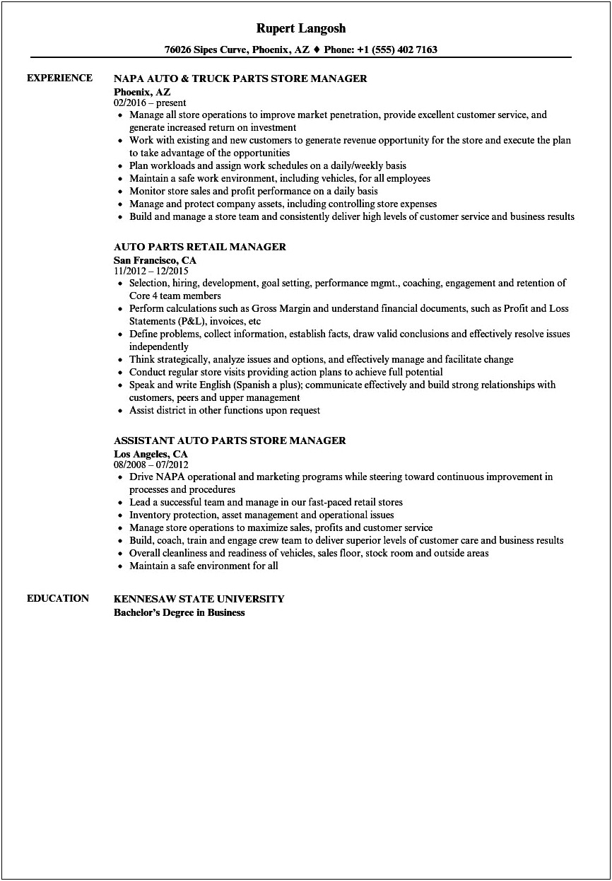 Good Objective For Auto Parts Resume