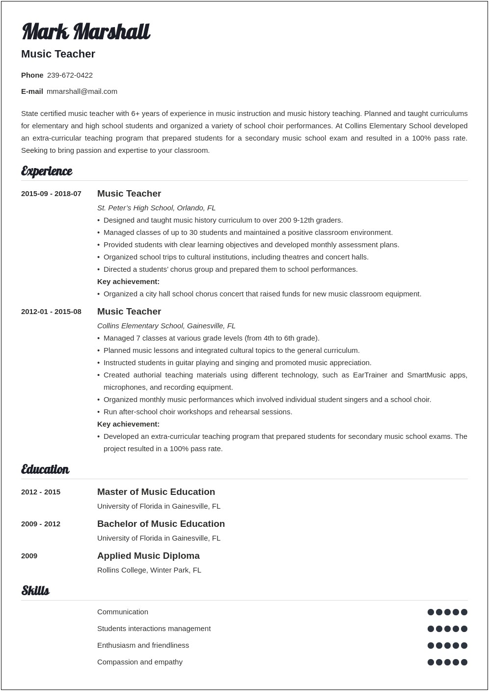 Good Objective For Education Music Resume