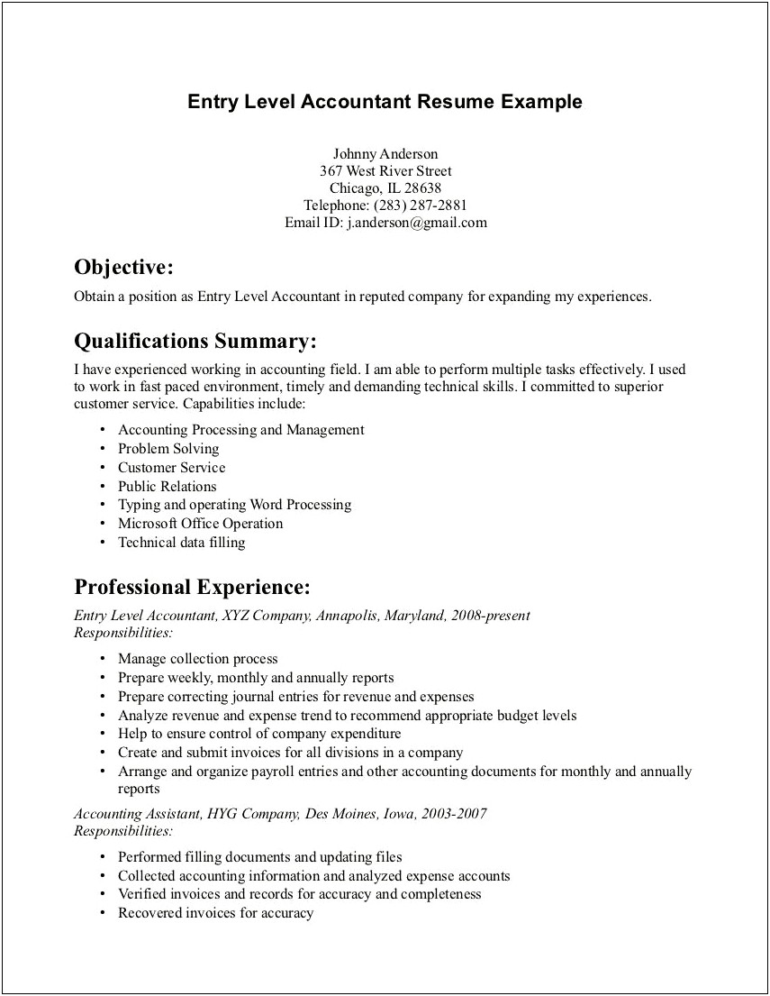Good Objective For Entry Level Accounting Resume