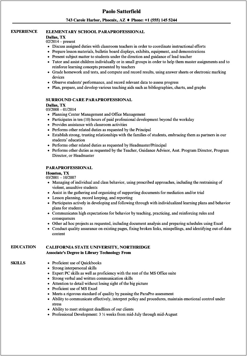 Good Paraeducator Assistant Classroom Resume Objective