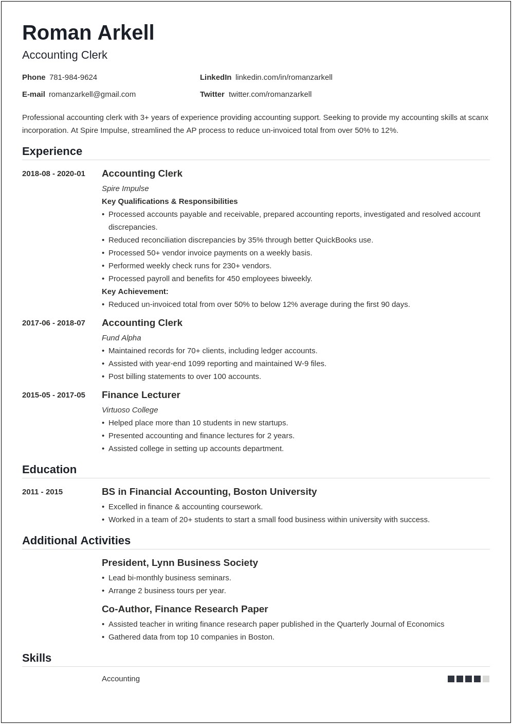Good Personal Summary For Resume For Accounting Clerk