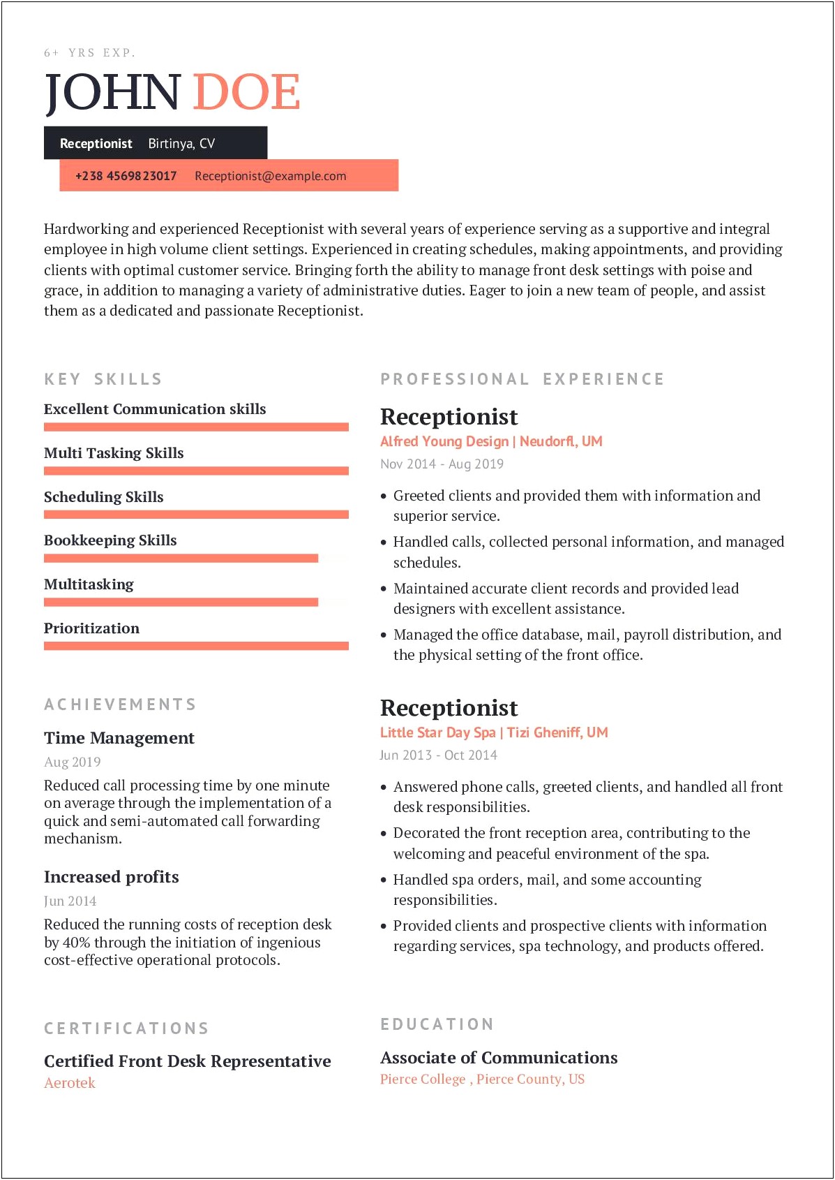 Good Resume Example For A Receptionist