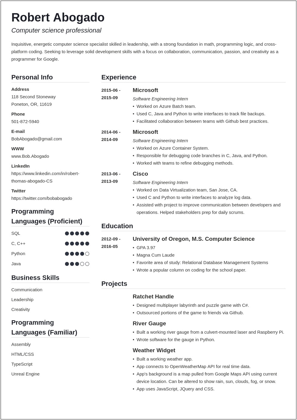 Good Resume Example For Computer Science Students