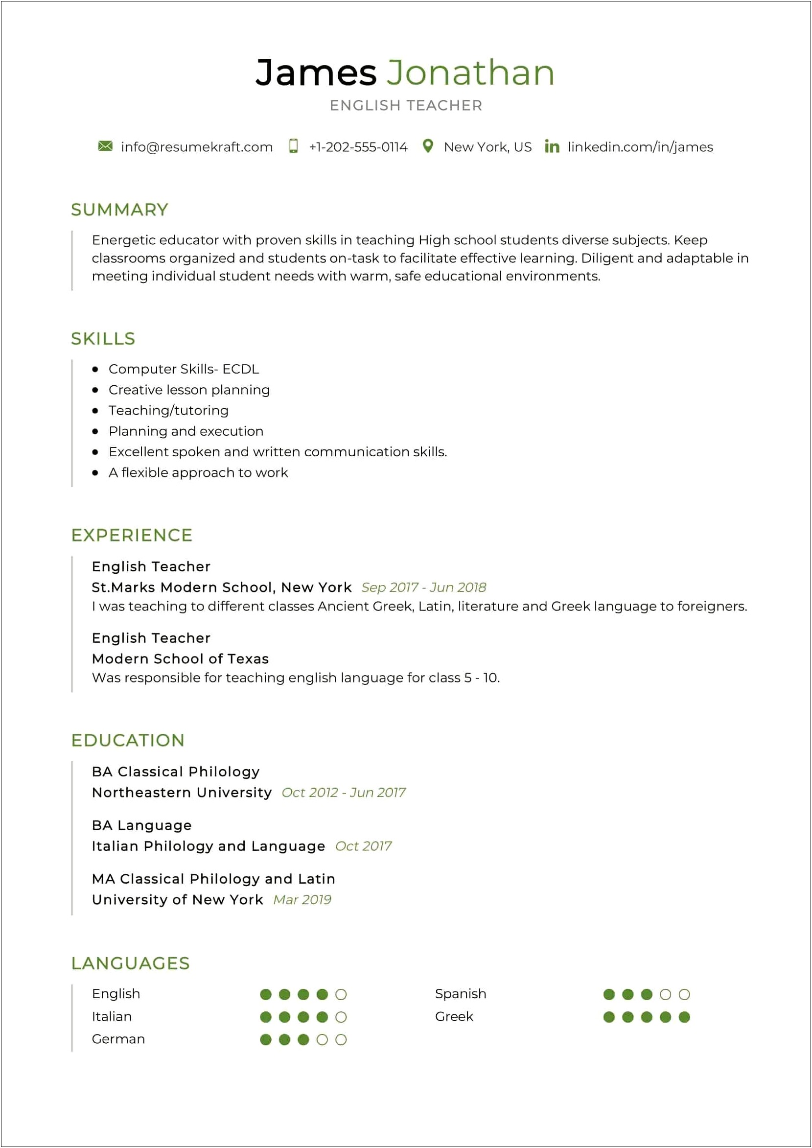 Good Resume Example For Esl Student