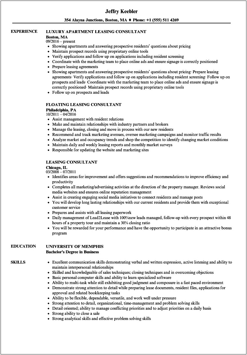 Good Resume Examples For Leasing Consultant