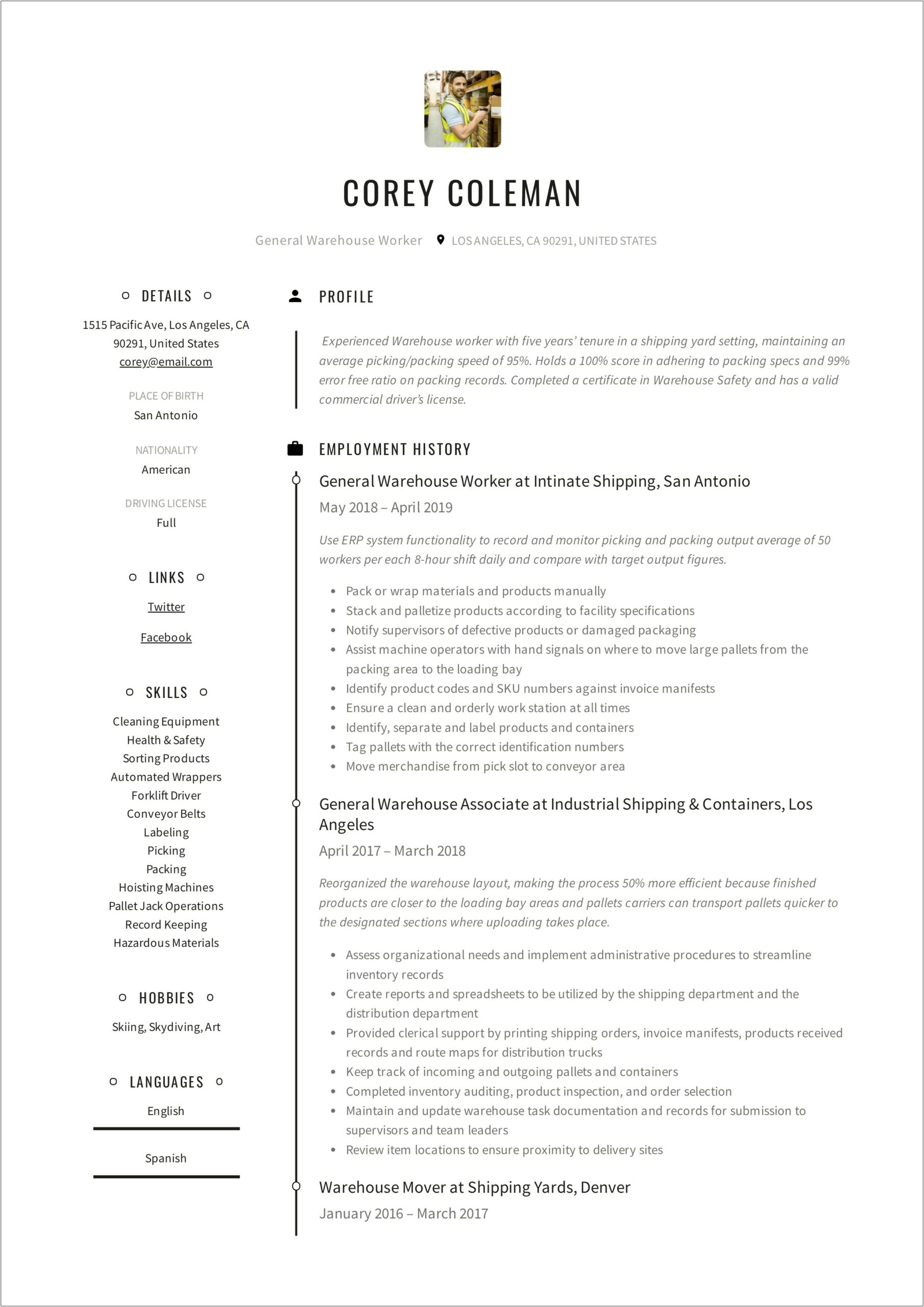 Good Resume Examples For Warehouse Worker