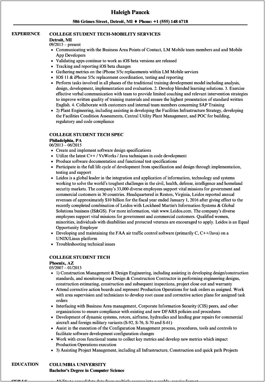 Good Resume Examplles For A College Student
