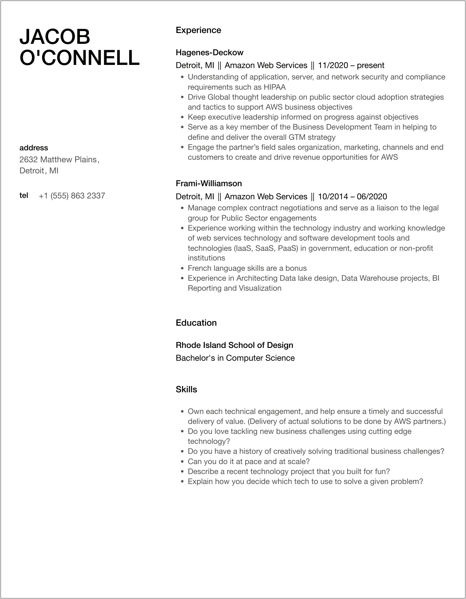 Good Resume For Amaozon Web Services And Java