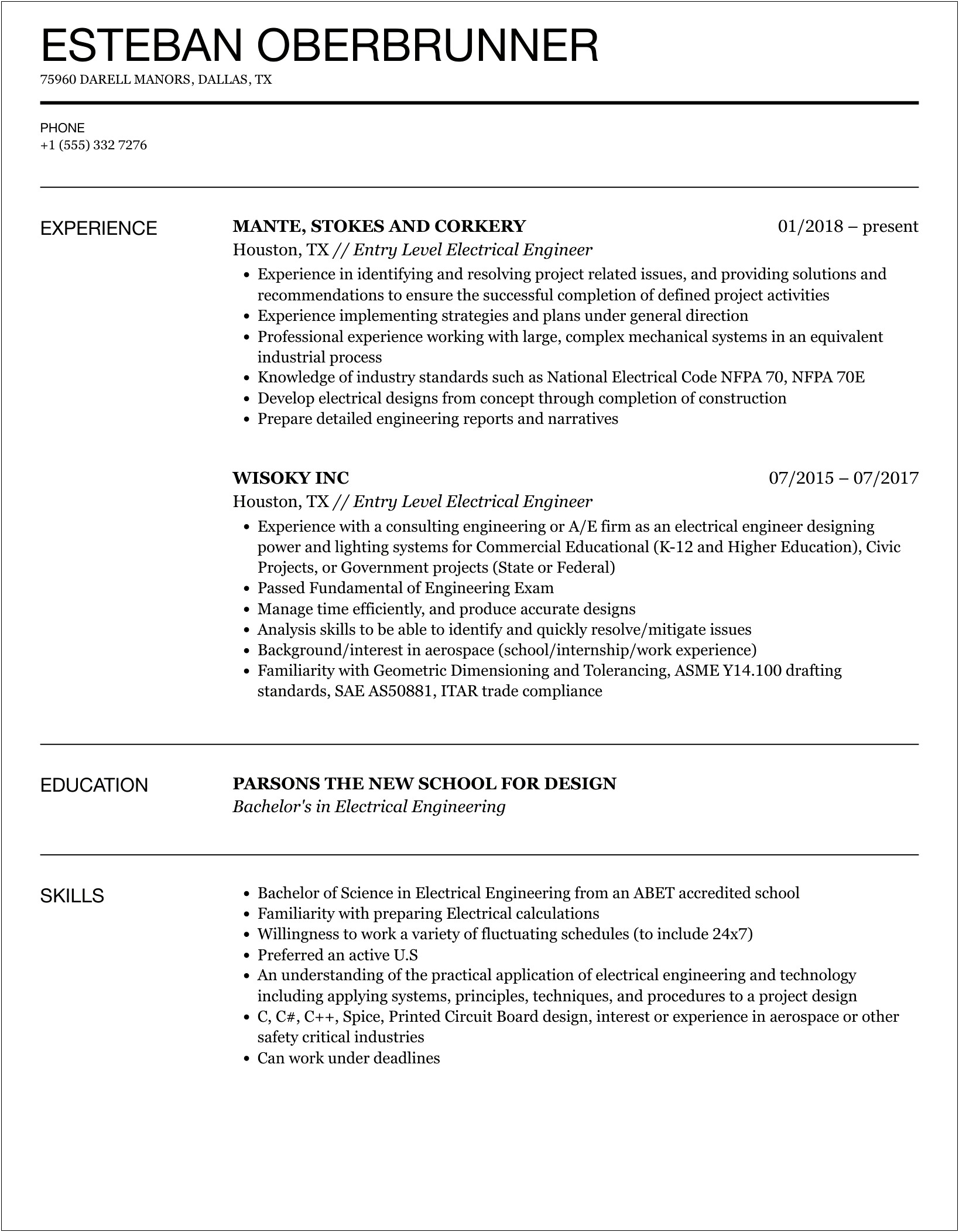 Good Resume For Entry Level Electrical Engineer