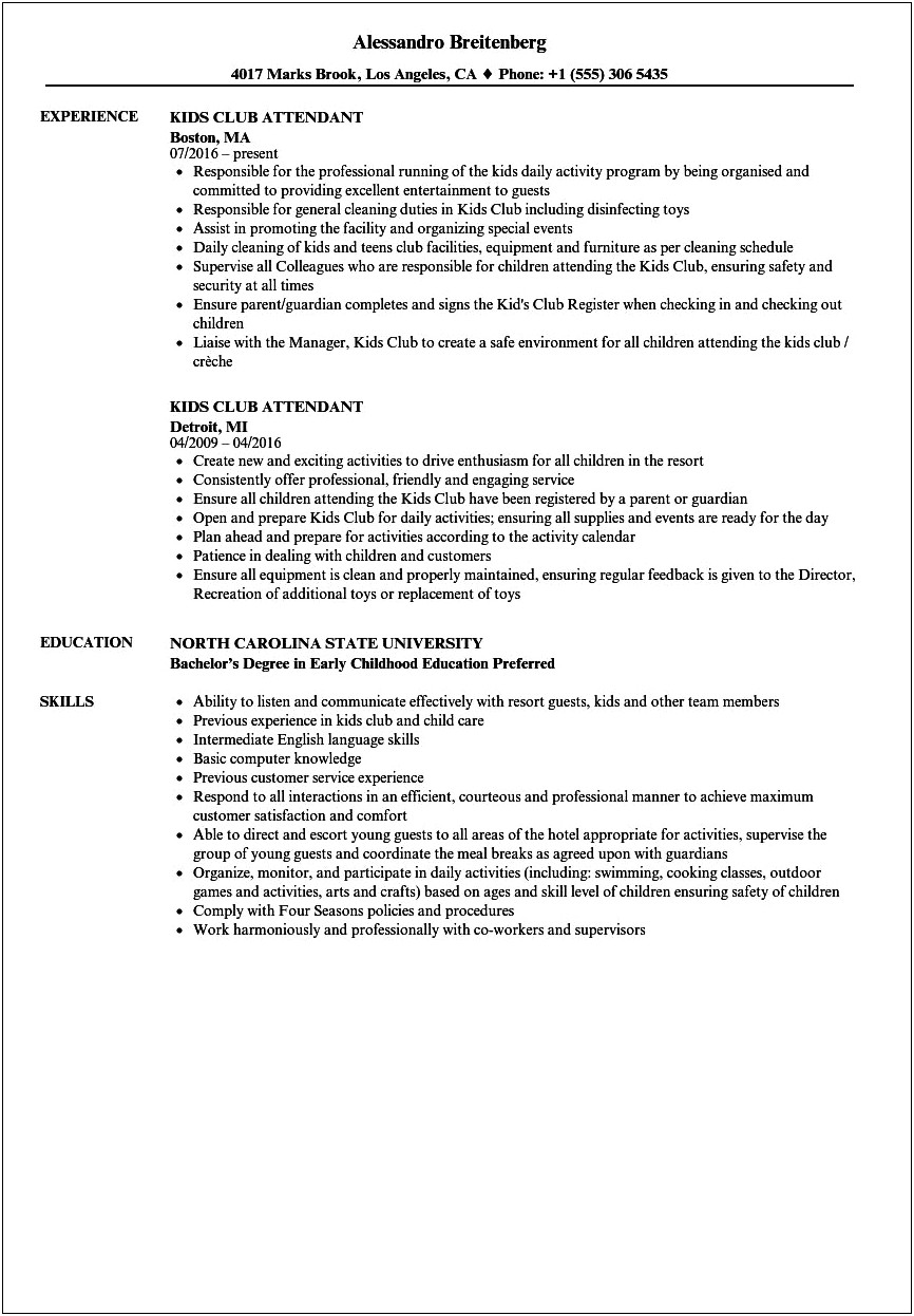 Good Resume For Jobs With Kids Recreation