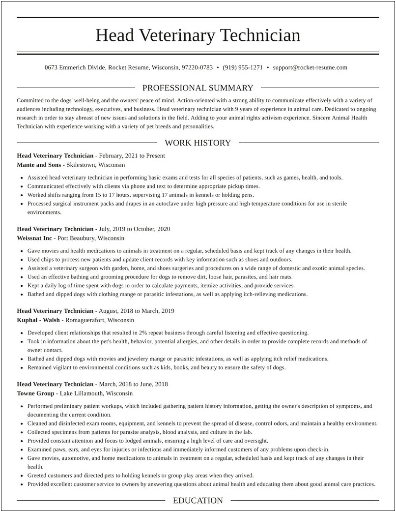 Good Resume Summary For A Vet Tech