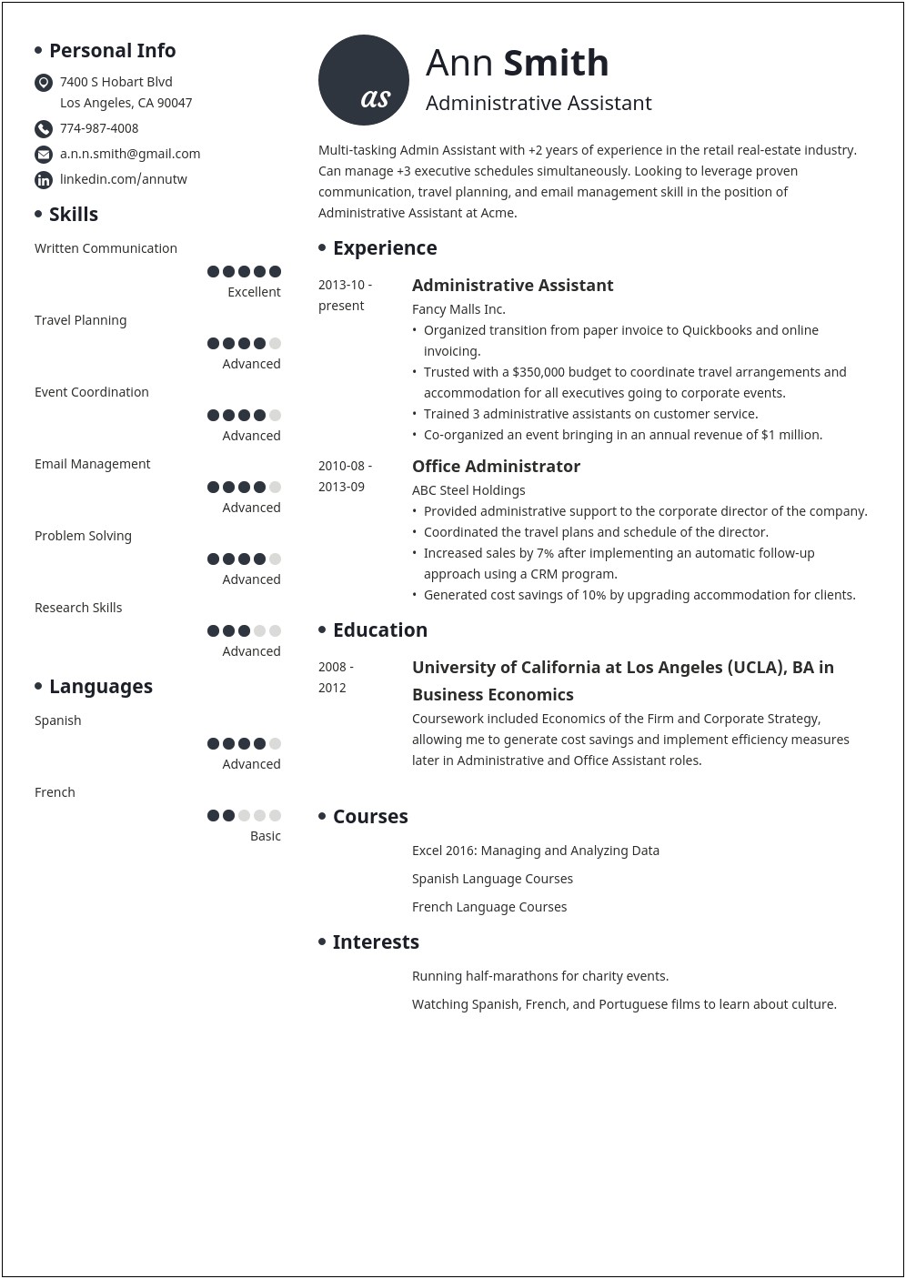Good Resume Summary For Administrative Specialist Position