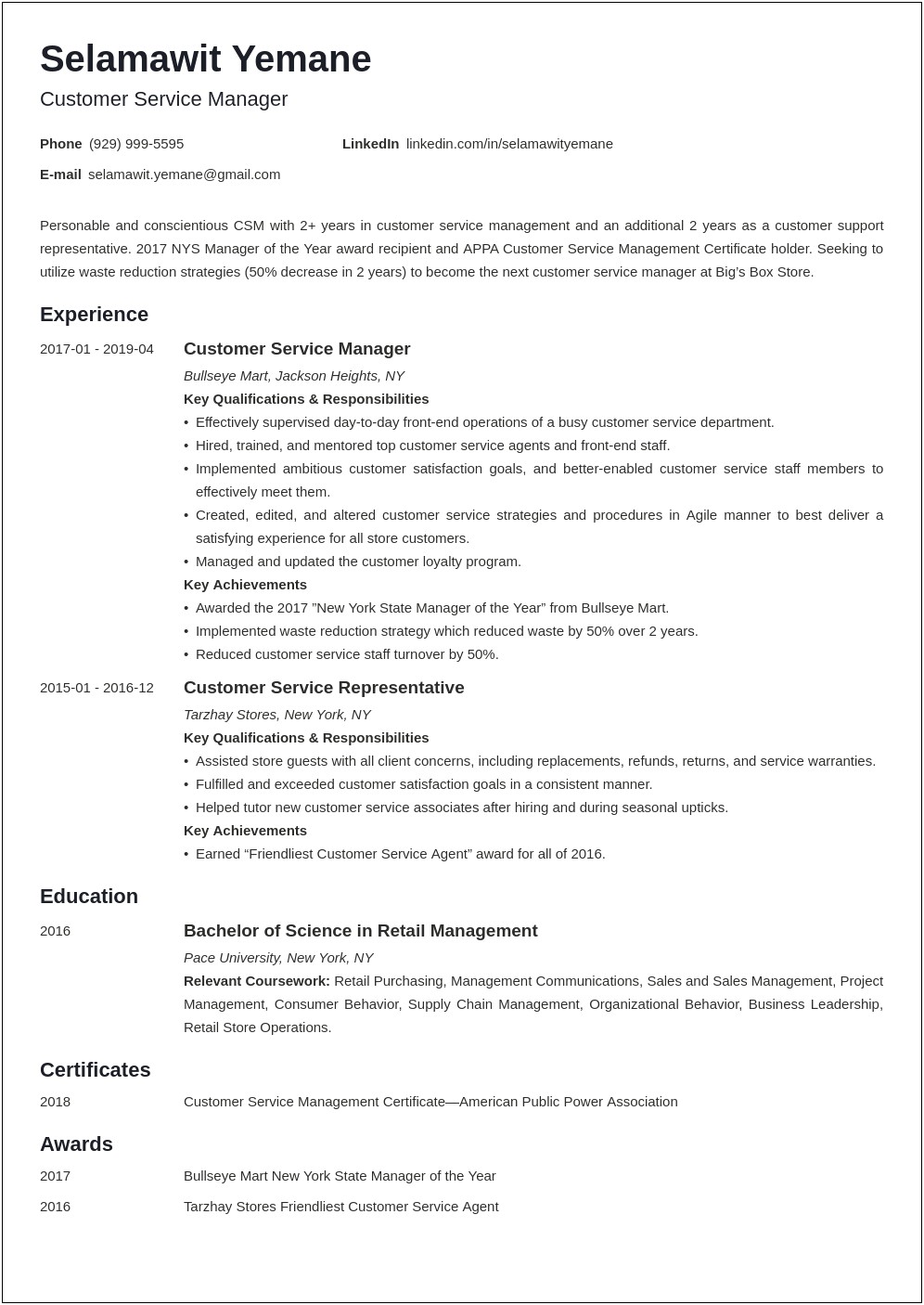 Good Resume Summary For Customer Service Manager