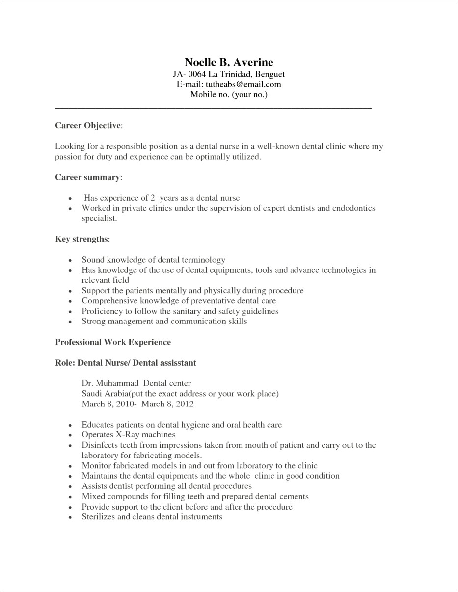 Good Resume Summary For Dental Assistant