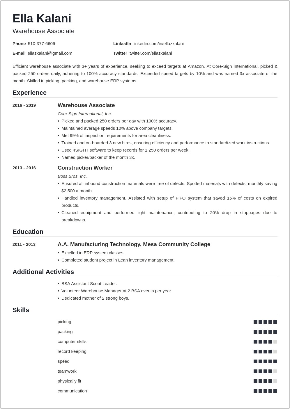 Good Resume Summary Statements For Warehouse Position