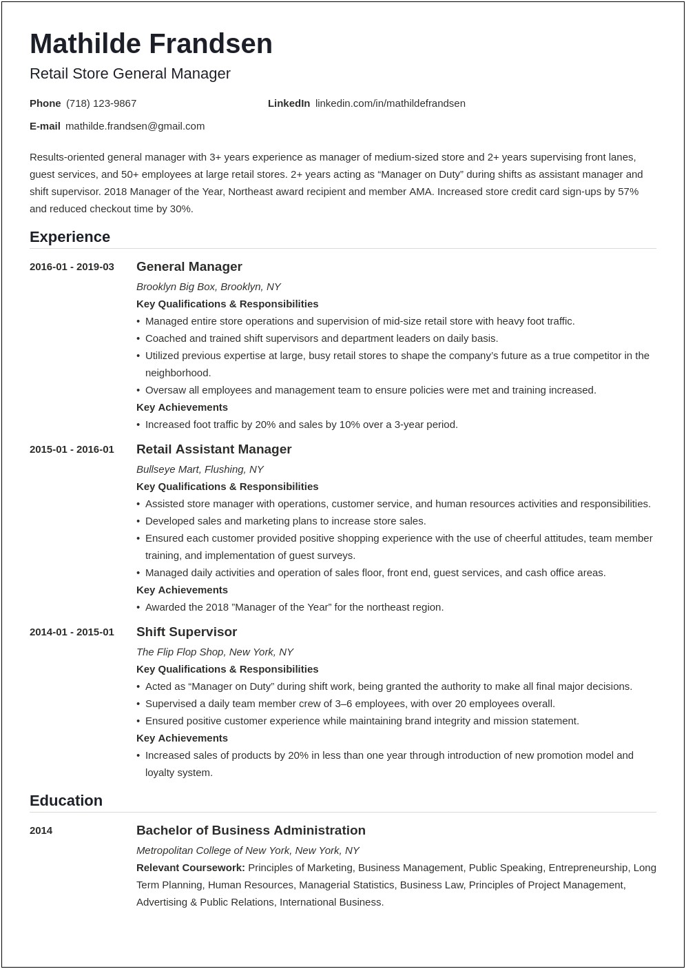 Good Resume Work Responsibilities For General Manager