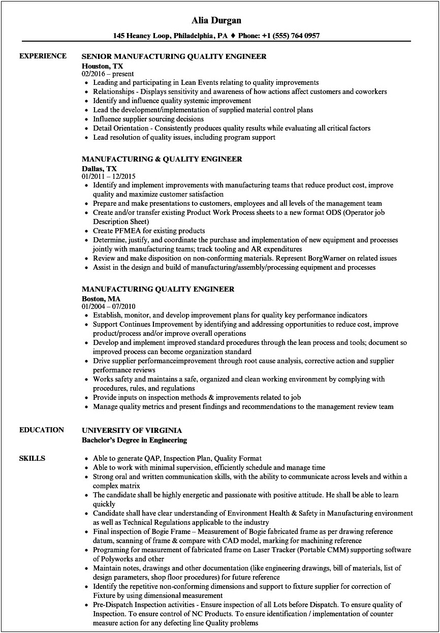 Good Summary For Resume Of Quality Engineer