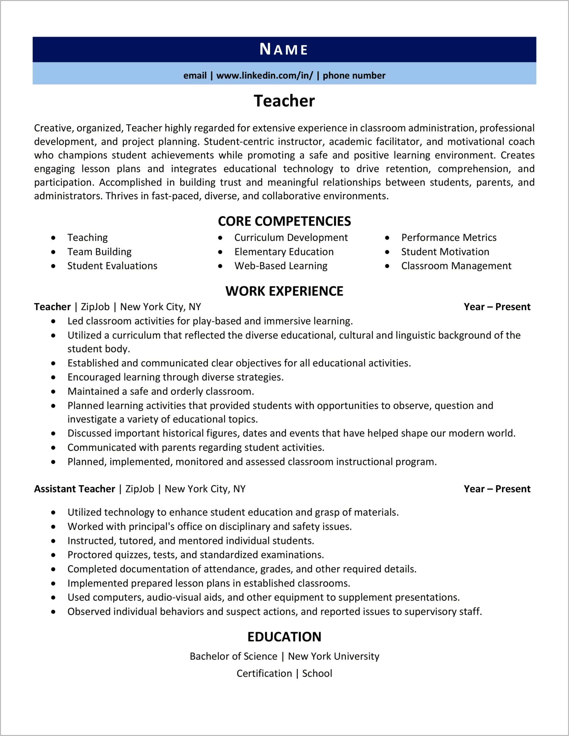 Good Ways To Describe Assistant Teacher On Resume