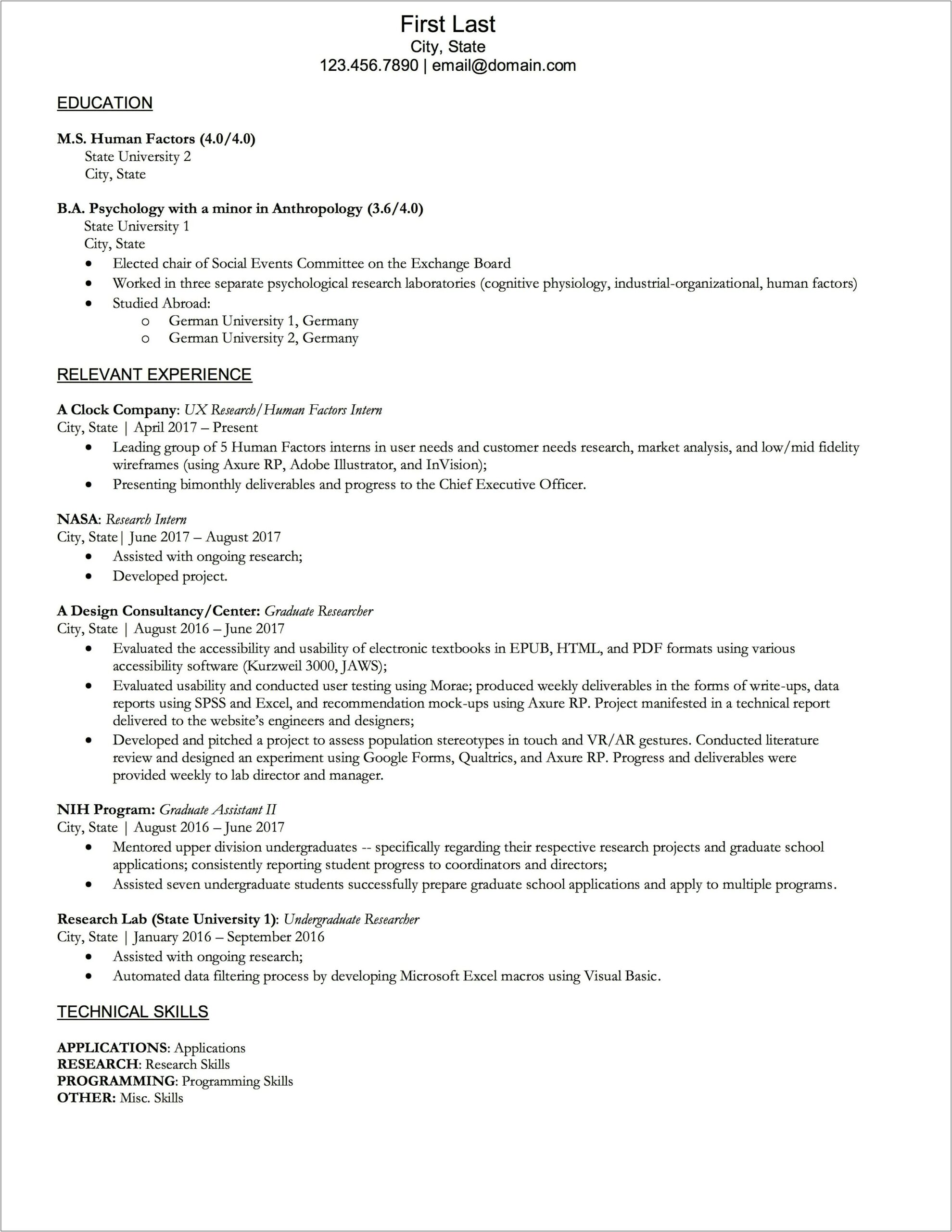 Grad School Application Resume Relevant Experience
