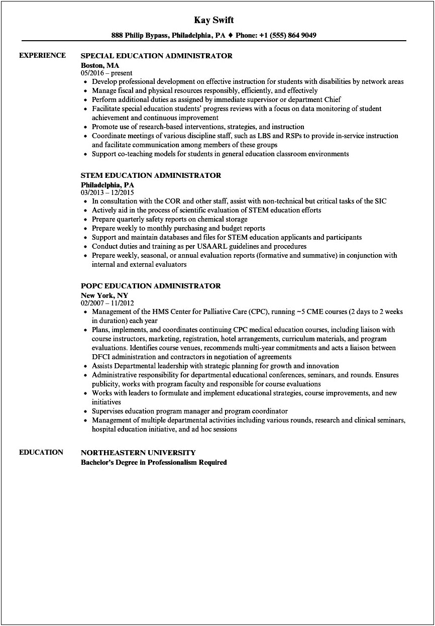 Graduate School Resume Education Administration Sample