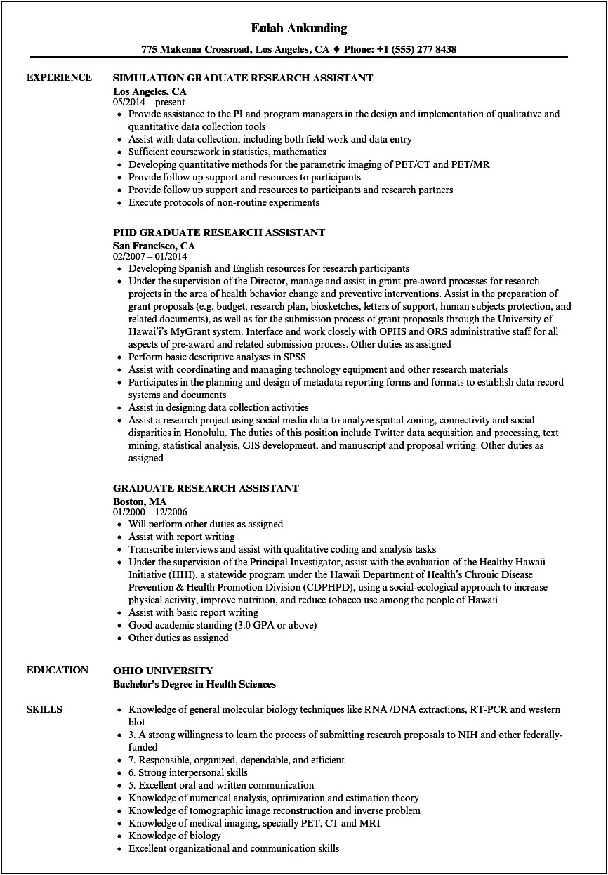 Graduate Student Research Assistant Resume Summary