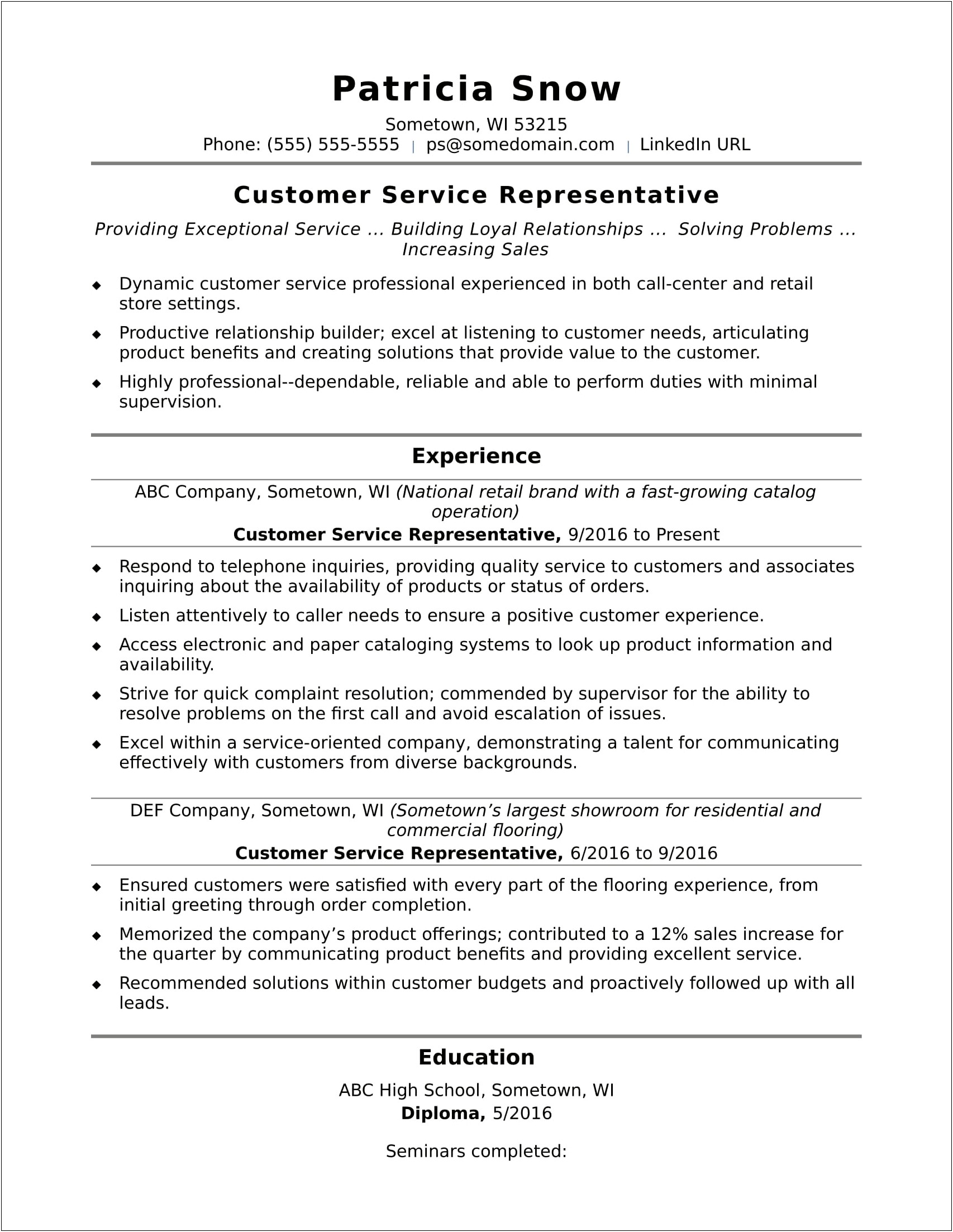 Great Customer Service Representative Resume Sample