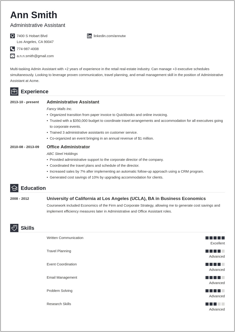 Great Skills Of An Admin Assistant Resume
