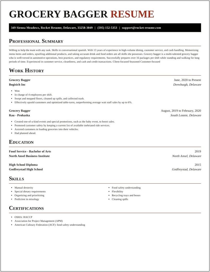 Grocery Store Bagger Job Description Resume