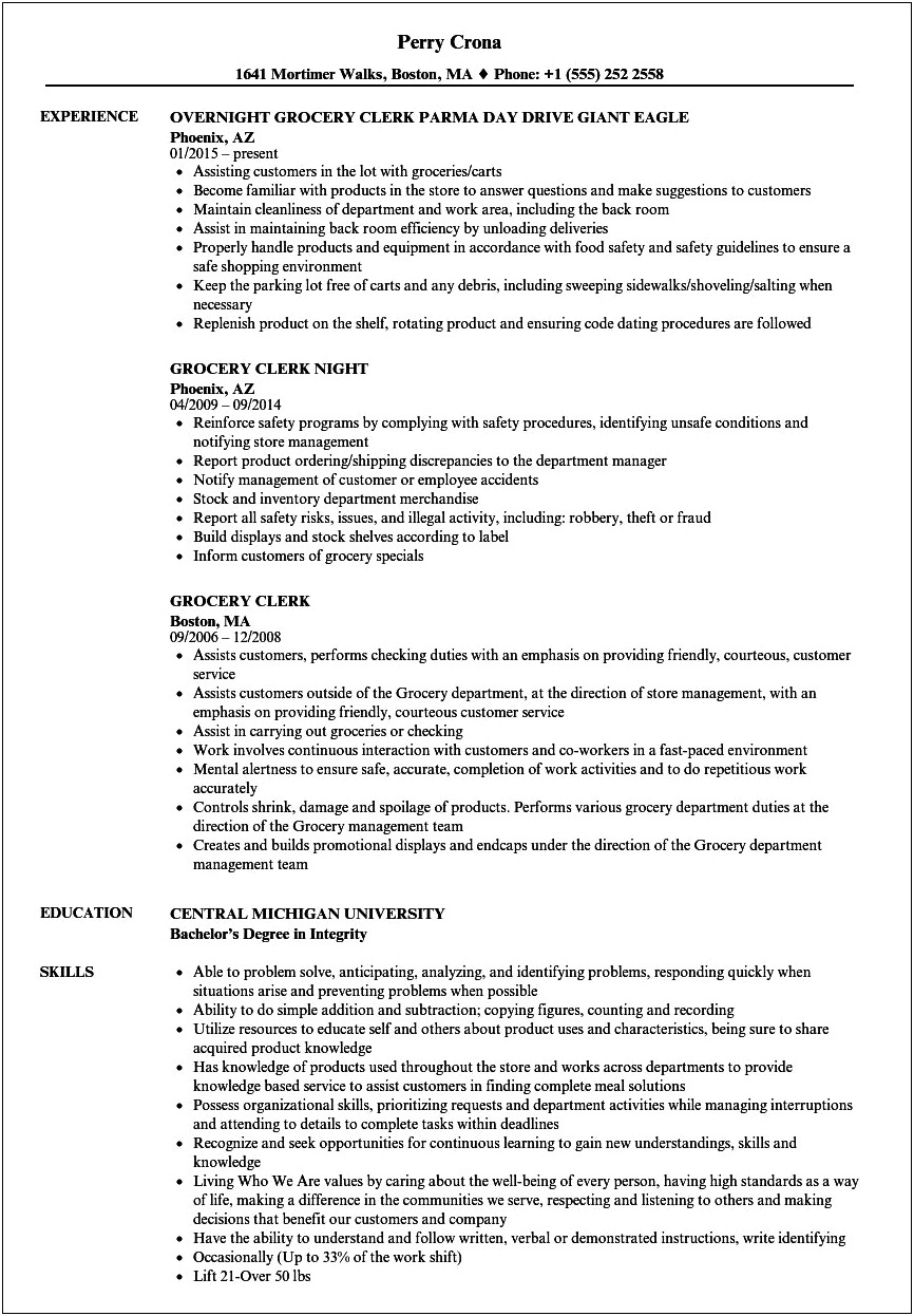 Grocery Store Clerk Resume No Experience