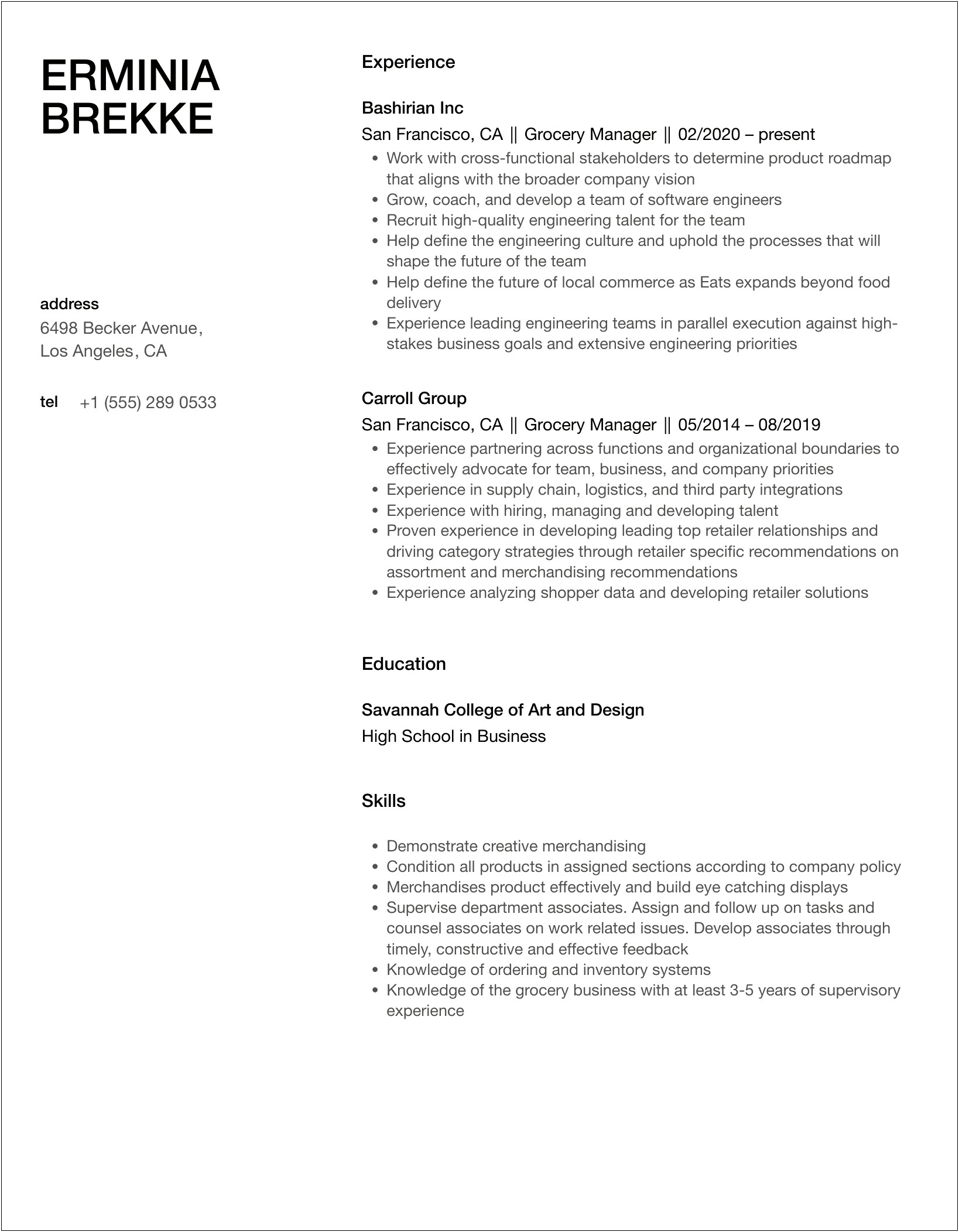 Grocery Store Customer Service Manager Resume