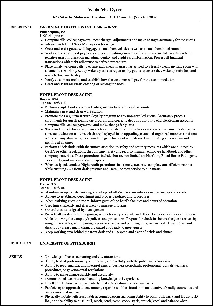 Guest Service Agent Job Description For Resume