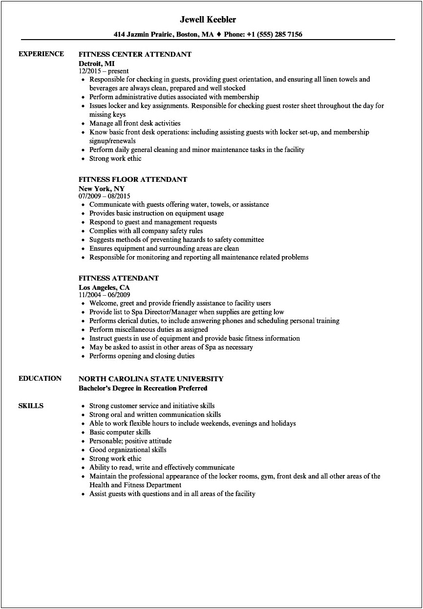 Gym Attendant Sample Resume No Expereince