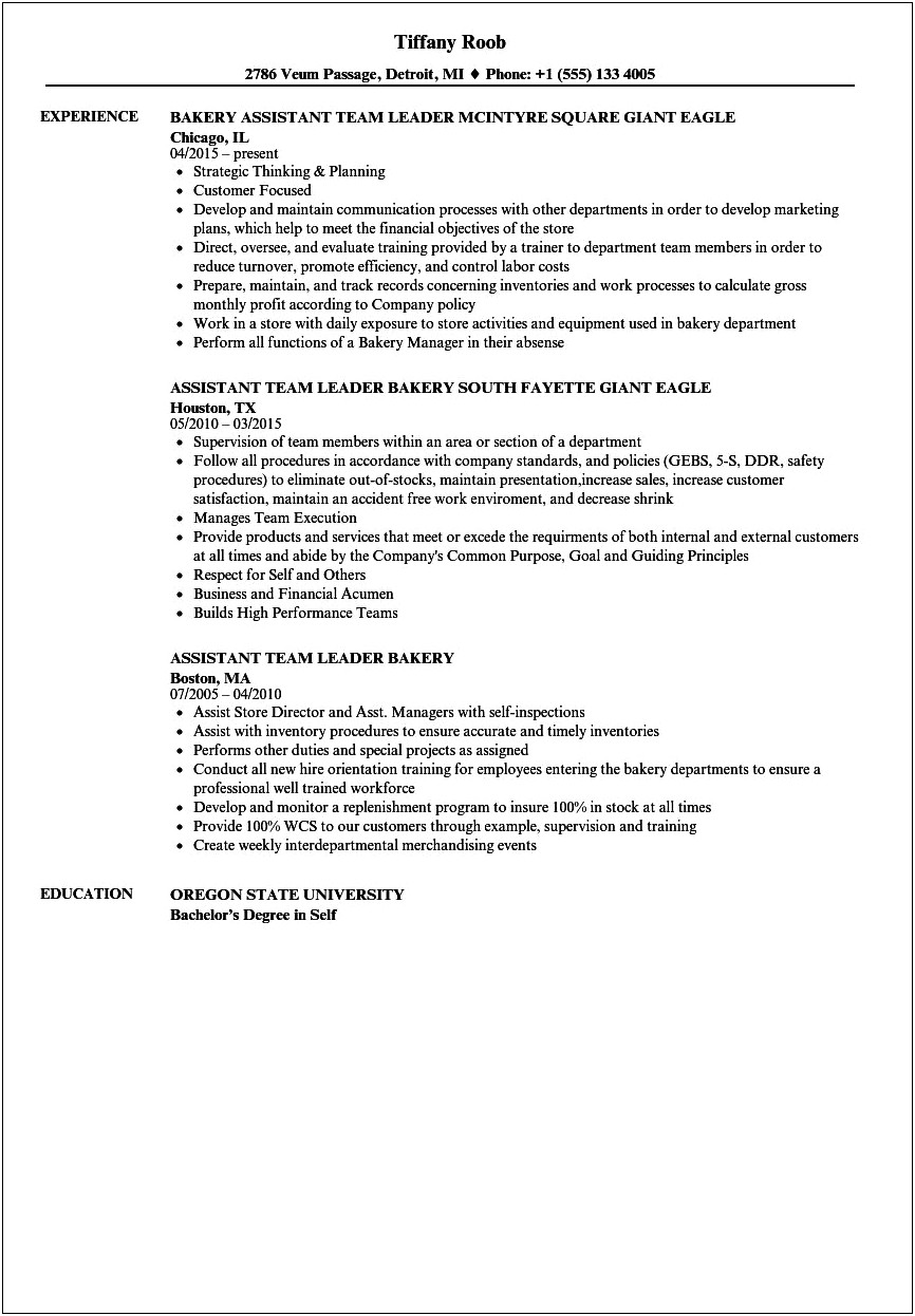 Head Baker Job Description On Resume