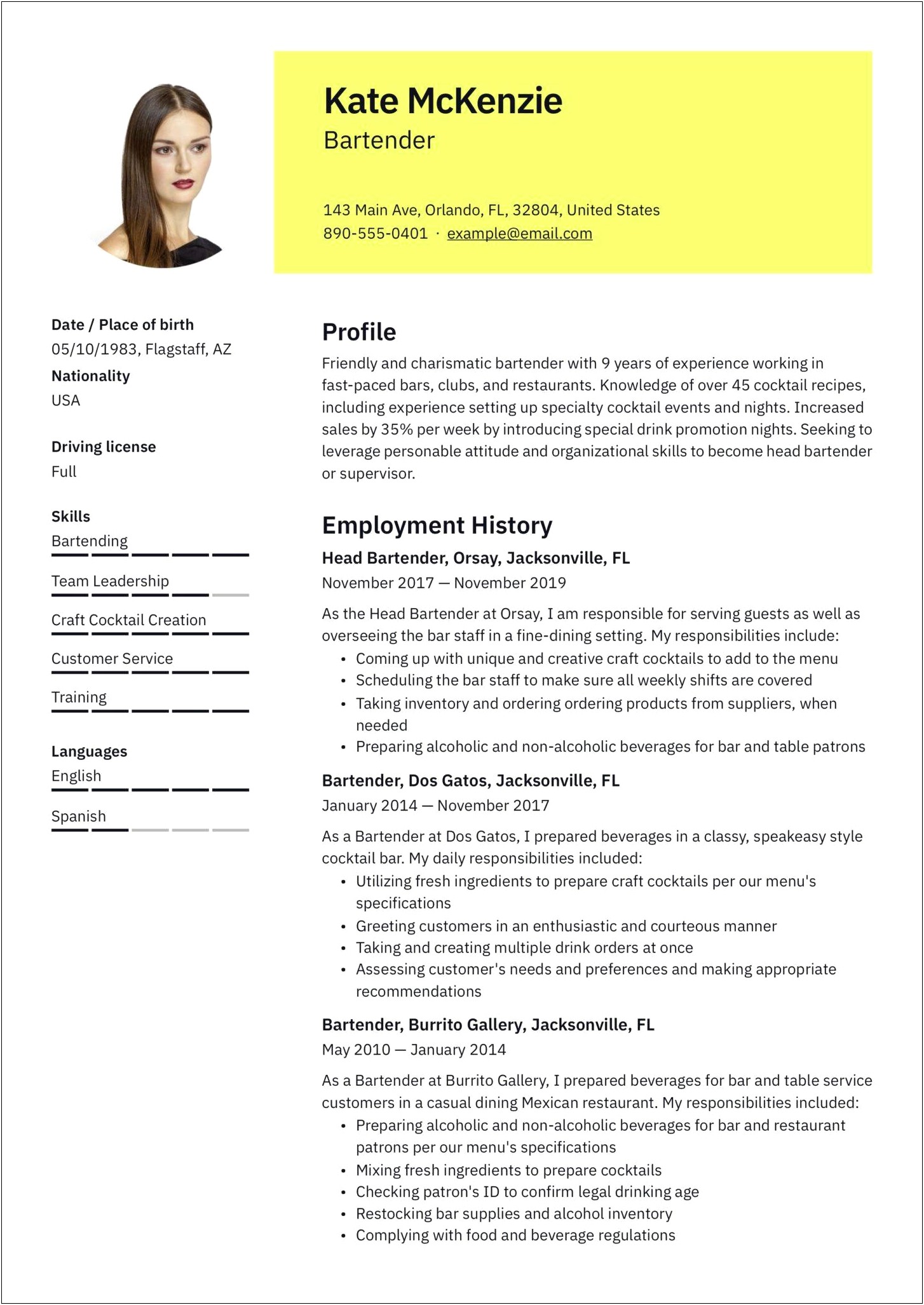Head Bartender Job Description For Resume