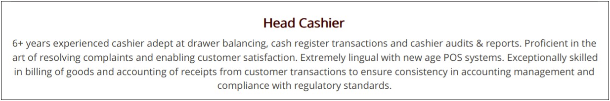 Head Cashier Job Description For Resume