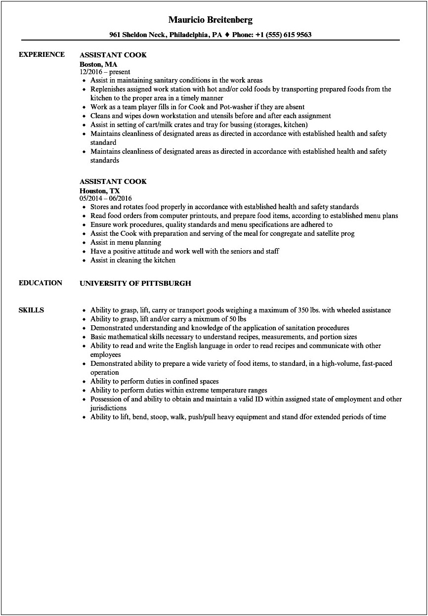 Head Cook Job Description For Resume
