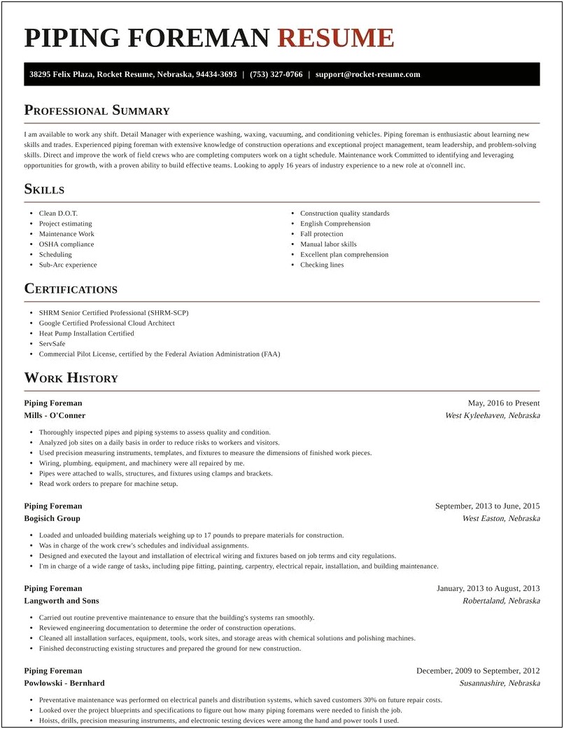 Head Foreman Job Description On Resume