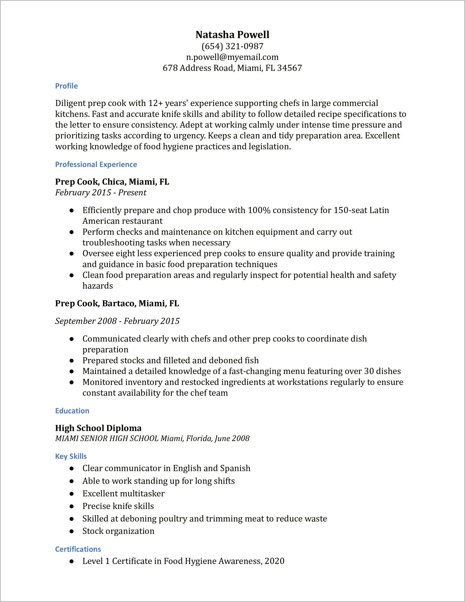 Head Kitchen Prep Job Description For Resume