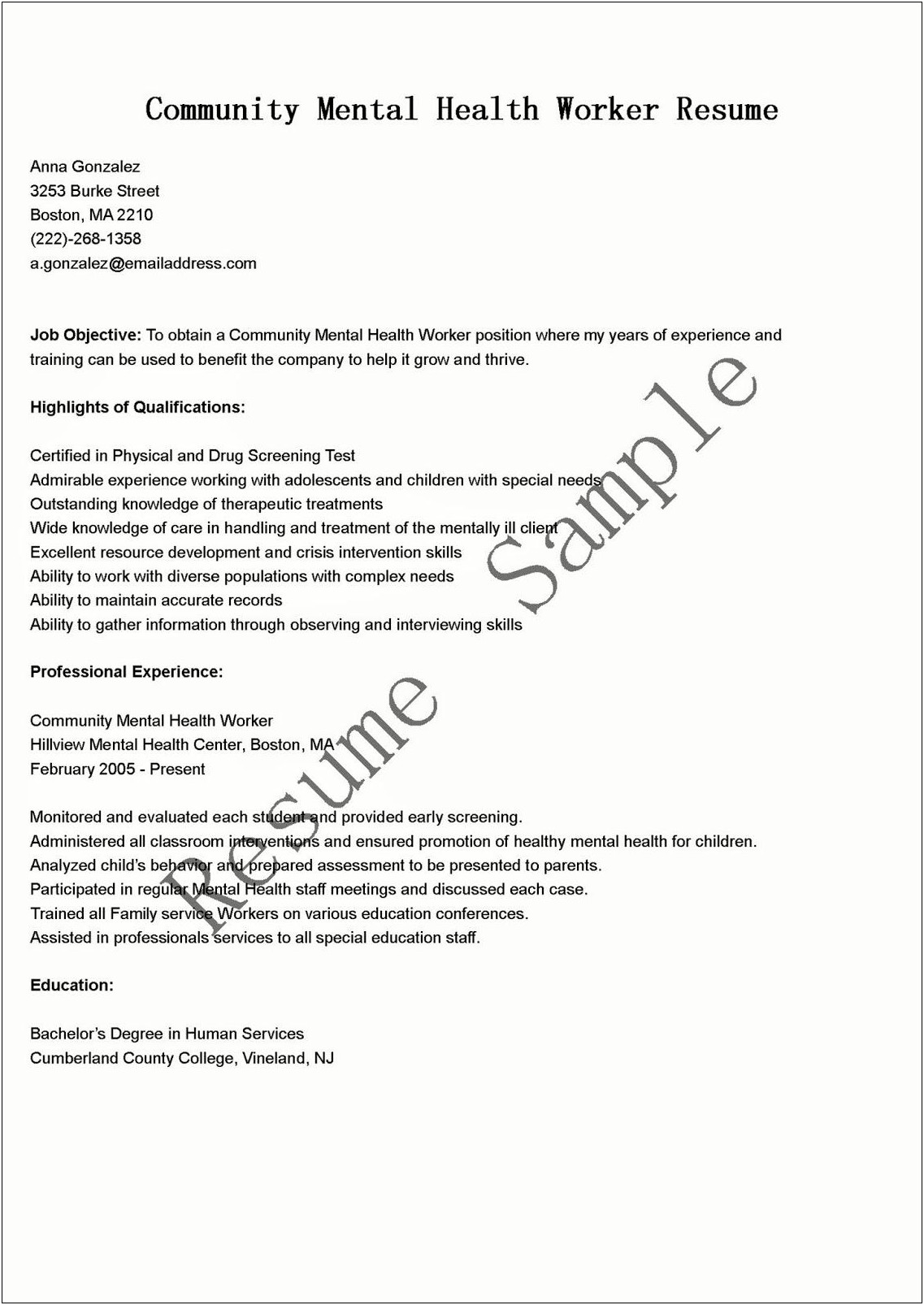 Health And Human Services Resume Examples
