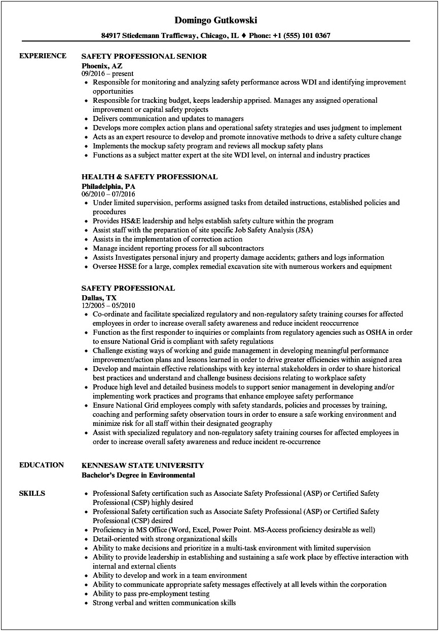 Health And Safety Skills On Resume
