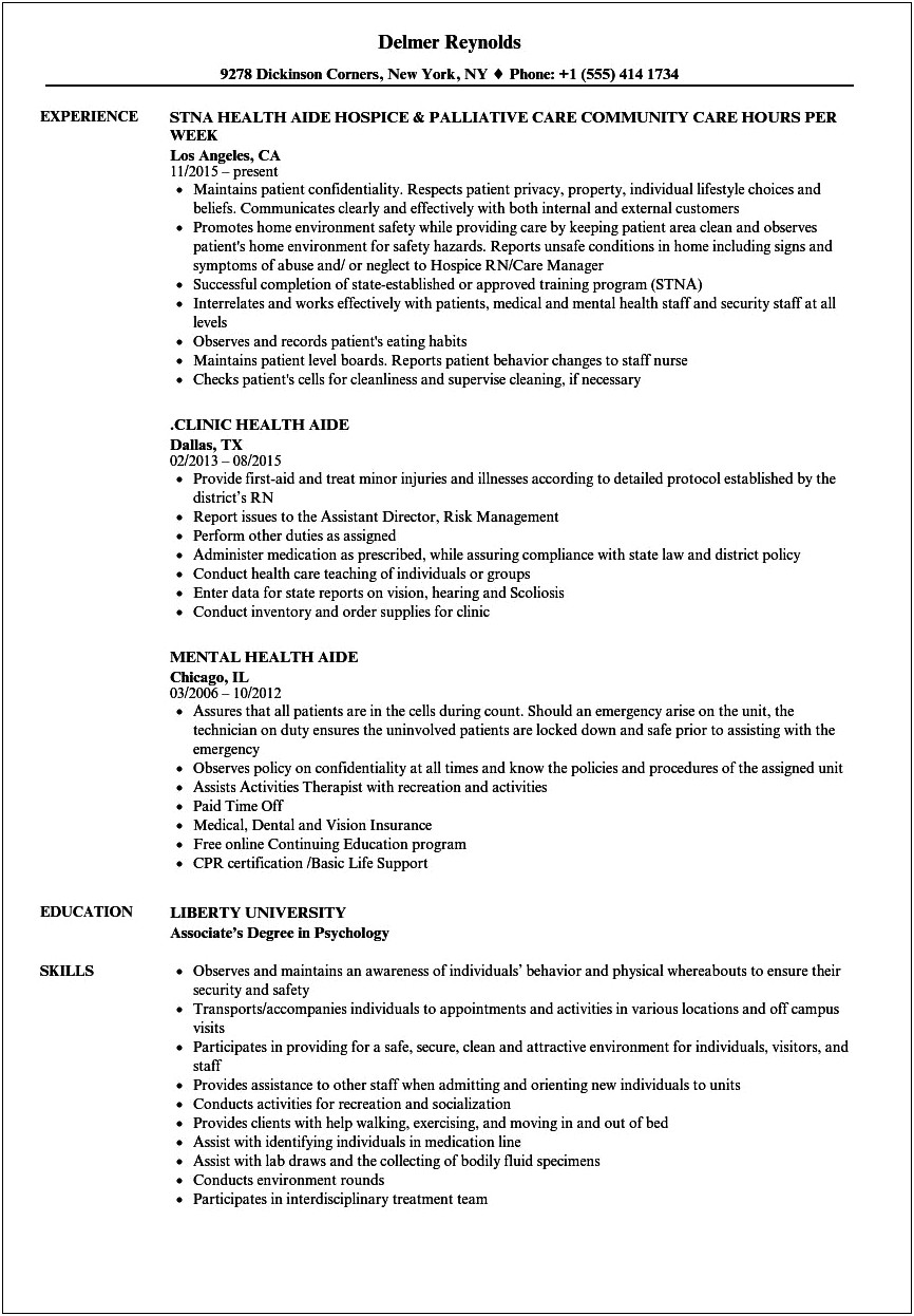 Health Care Aide Resume Objective Examples