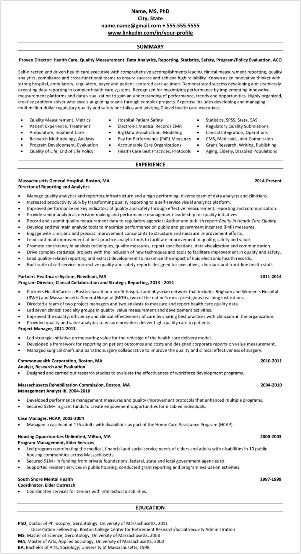 Health Care Data Profile Summary Resume