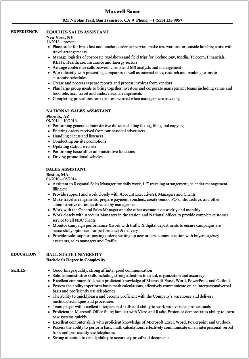 Health Care Sales Assistant Resume Example